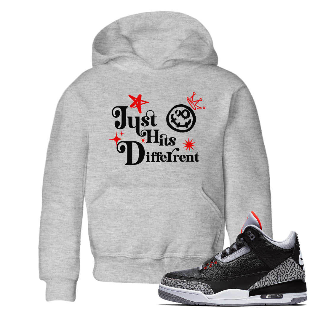 3s Black Cement shirts to match jordans Just Hits Different sneaker match tees Air Jordan 3 Black Cement match shoes to clothes SNRT Sneaker Tees Youth Baby Heather Grey 1 tee