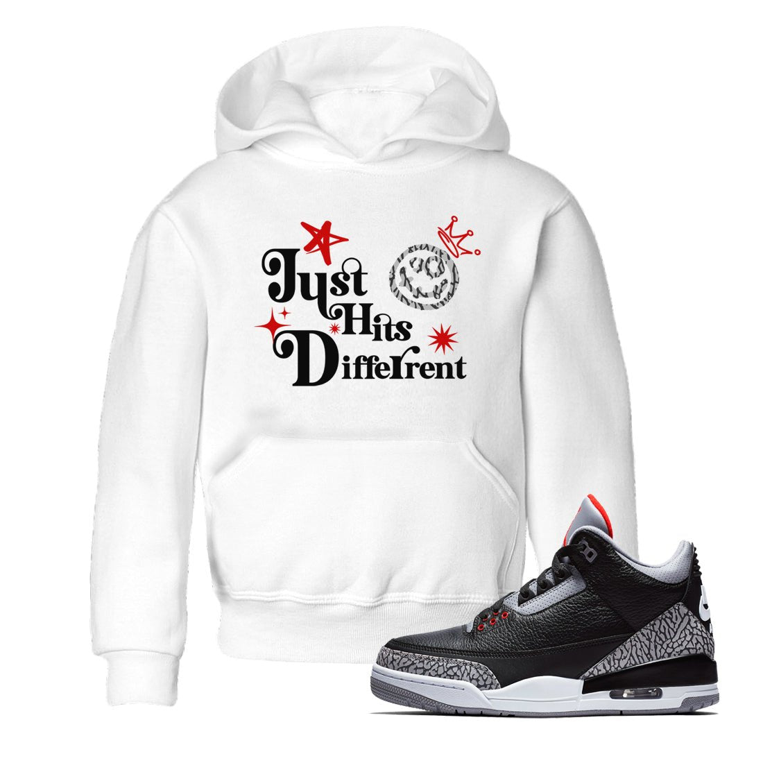 3s Black Cement shirts to match jordans Just Hits Different sneaker match tees Air Jordan 3 Black Cement match shoes to clothes SNRT Sneaker Tees Youth Baby White 1 tee