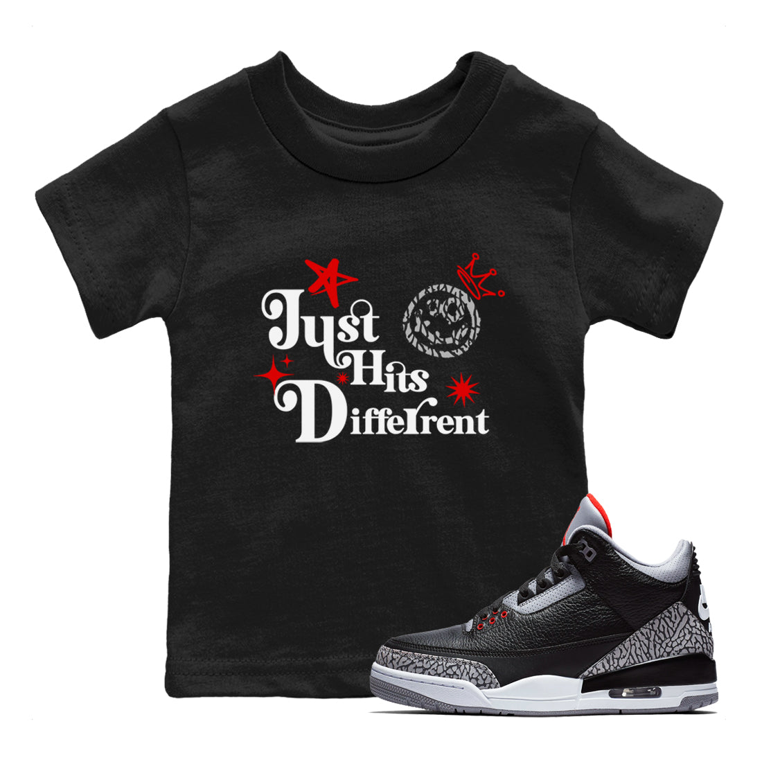 3s Black Cement shirts to match jordans Just Hits Different sneaker match tees Air Jordan 3 Black Cement match shoes to clothes SNRT Sneaker Tees Youth Baby Black 1 tee