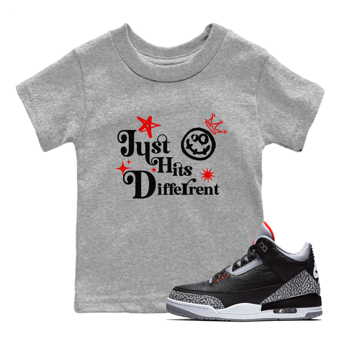 3s Black Cement shirts to match jordans Just Hits Different sneaker match tees Air Jordan 3 Black Cement match shoes to clothes SNRT Sneaker Tees Youth Baby Heather Grey 1 tee