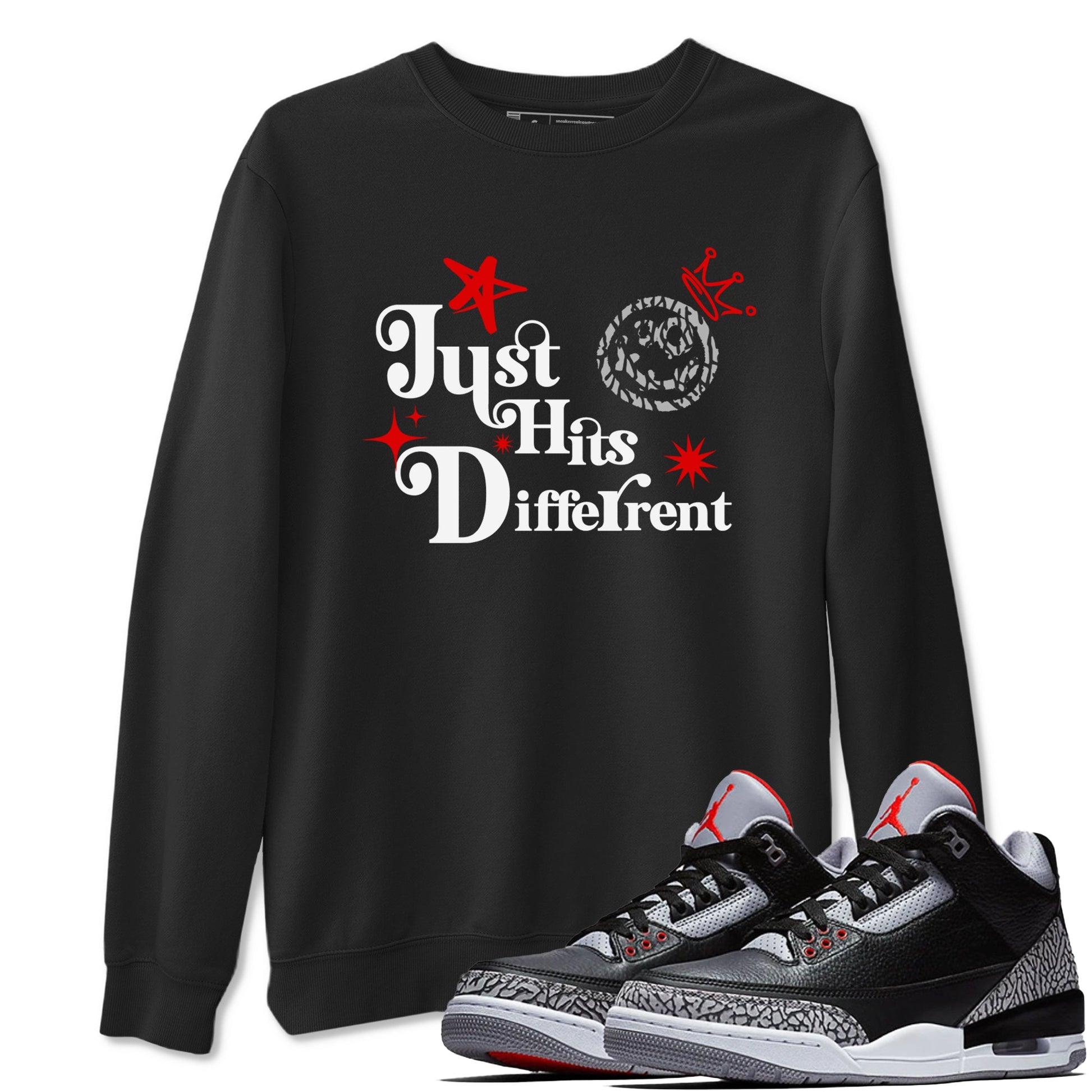 3s Black Cement shirts to match jordans Just Hits Different sneaker match tees Air Jordan 3 Black Cement match shoes to clothes SNRT Sneaker Tees unisex cotton Black 1 shirts