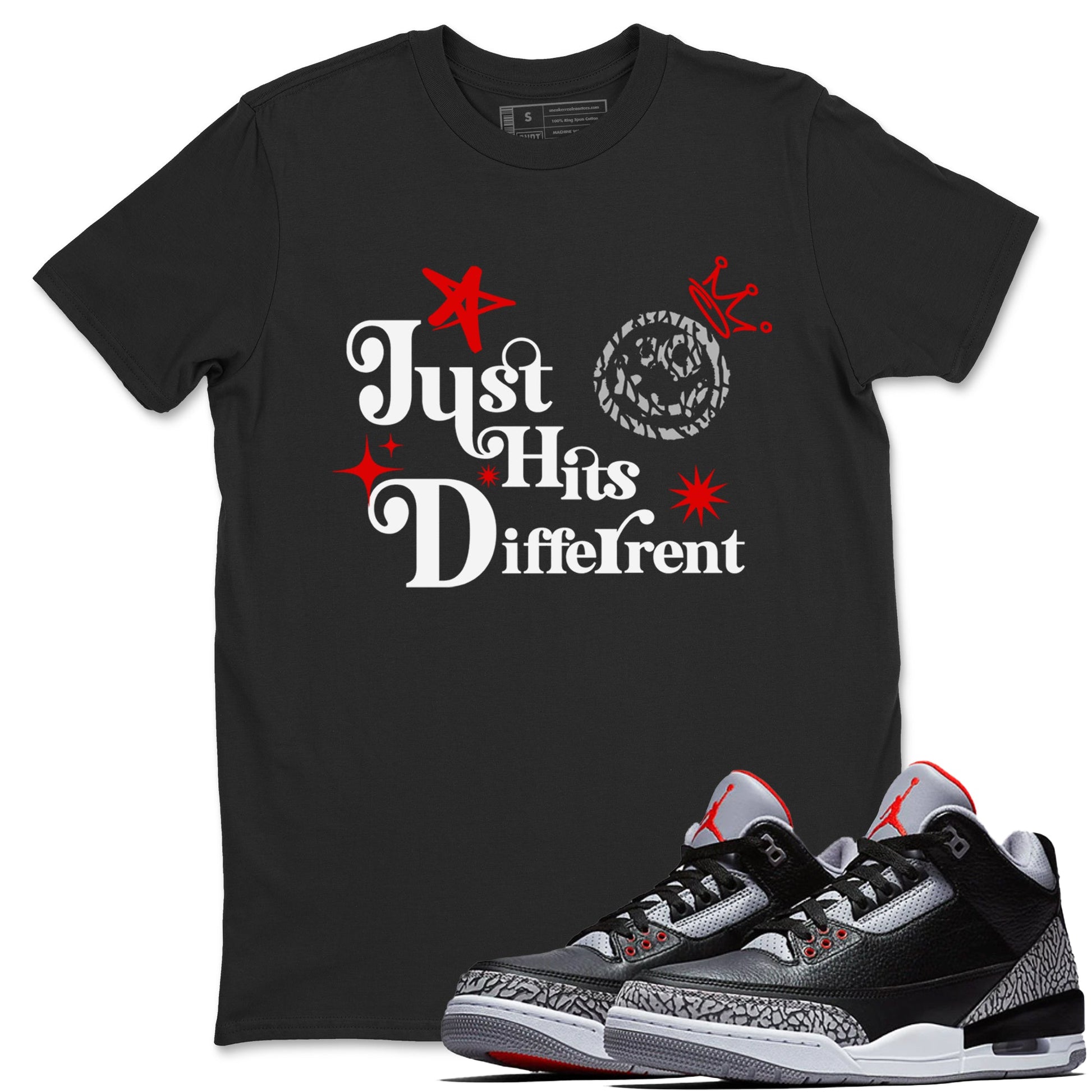3s Black Cement shirts to match jordans Just Hits Different sneaker match tees Air Jordan 3 Black Cement match shoes to clothes SNRT Sneaker Tees unisex cotton Black 1 shirts