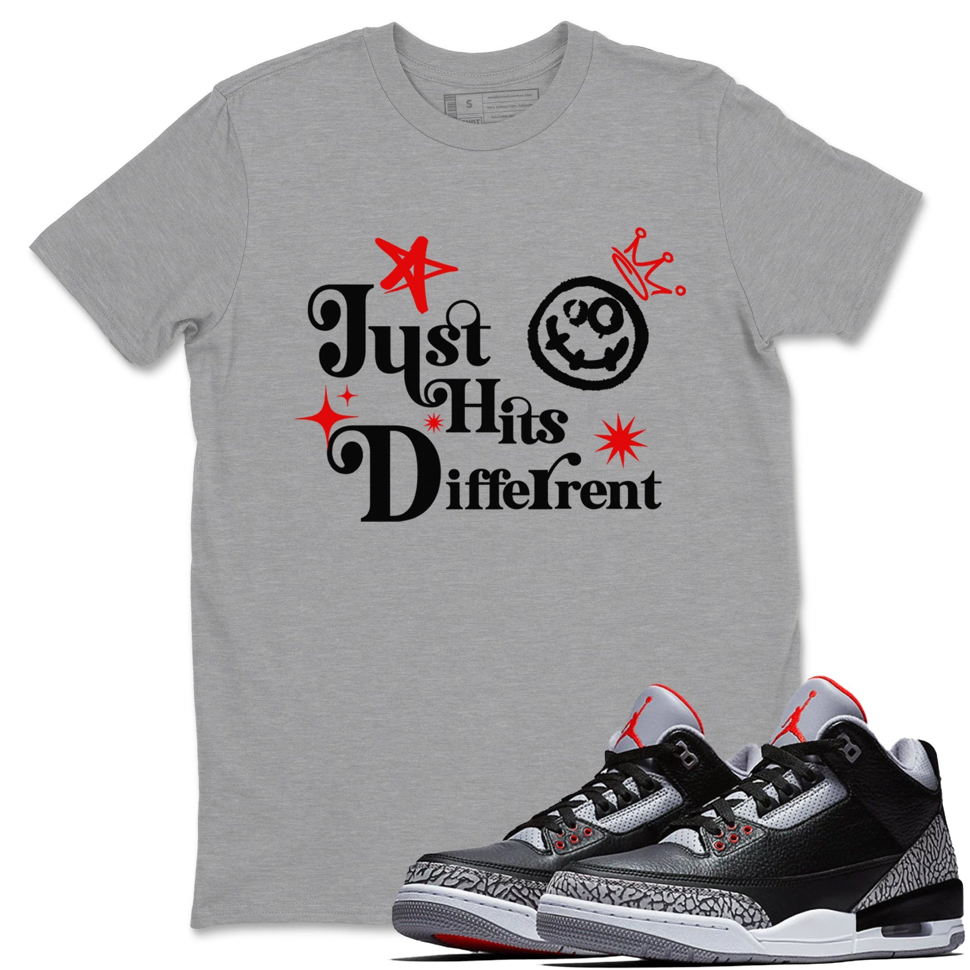 3s Black Cement shirts to match jordans Just Hits Different sneaker match tees Air Jordan 3 Black Cement match shoes to clothes SNRT Sneaker Tees unisex cotton Heather Grey 1 shirts