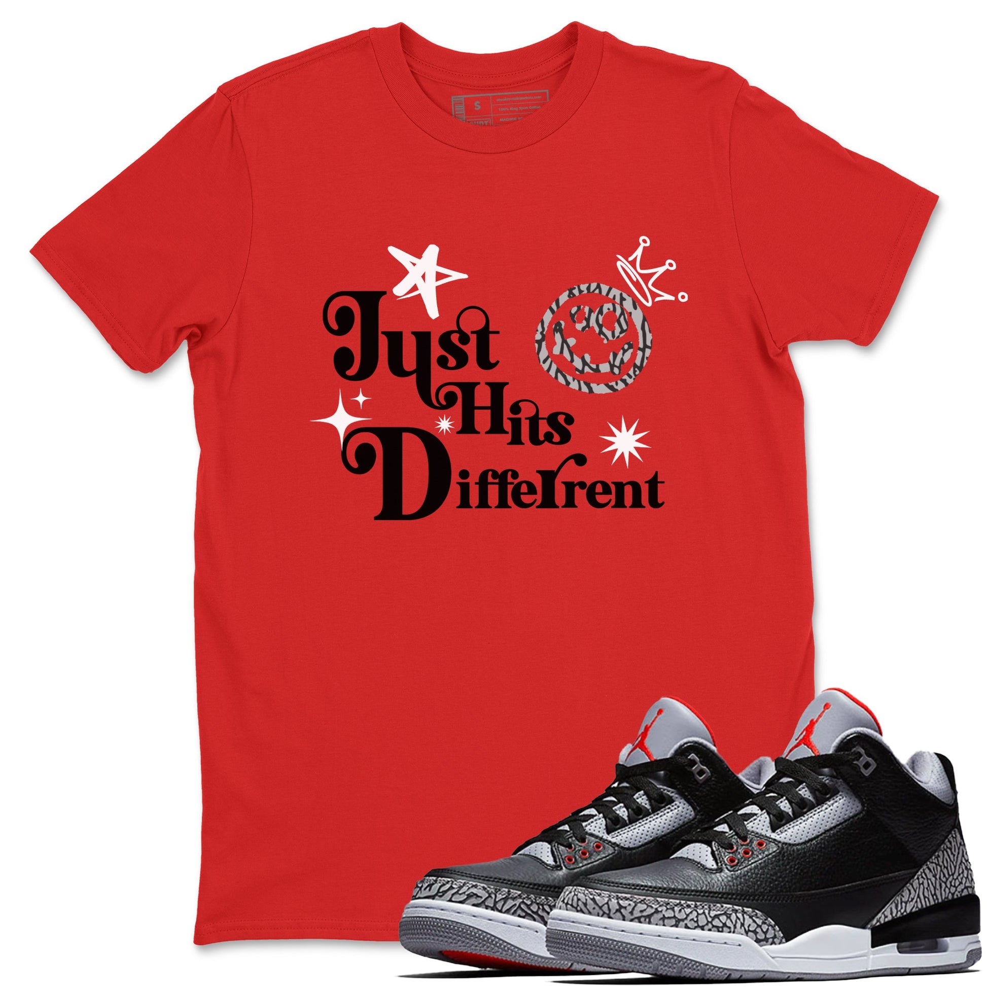 3s Black Cement shirts to match jordans Just Hits Different sneaker match tees Air Jordan 3 Black Cement match shoes to clothes SNRT Sneaker Tees unisex cotton Red 1 shirts