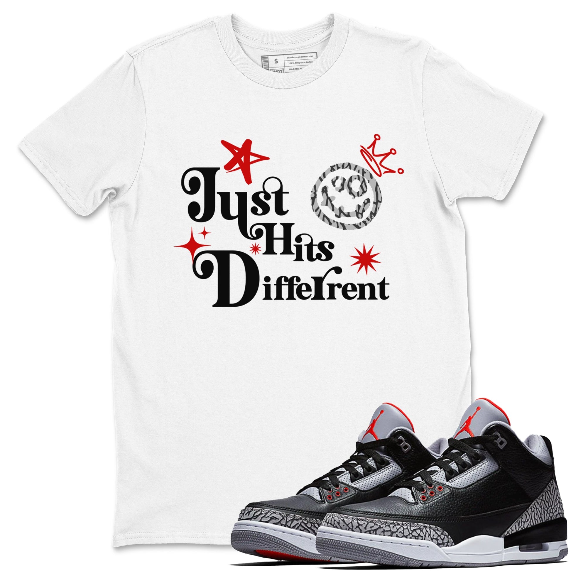 3s Black Cement shirts to match jordans Just Hits Different sneaker match tees Air Jordan 3 Black Cement match shoes to clothes SNRT Sneaker Tees unisex cotton White 1 shirts
