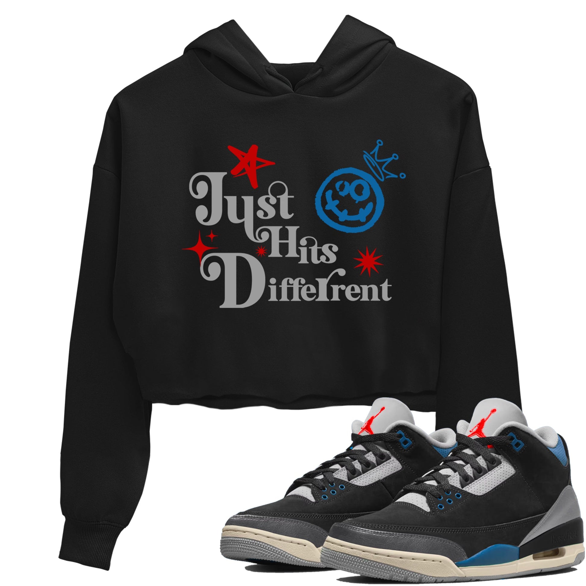 Just Hits Different womens crop tee made to vibe with the Air Jordan 3 Rare Air sneakers — the perfect match in Black 1.