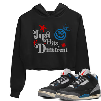 Just Hits Different womens crop tee made to vibe with the Air Jordan 3 Rare Air sneakers — the perfect match in Black 1.
