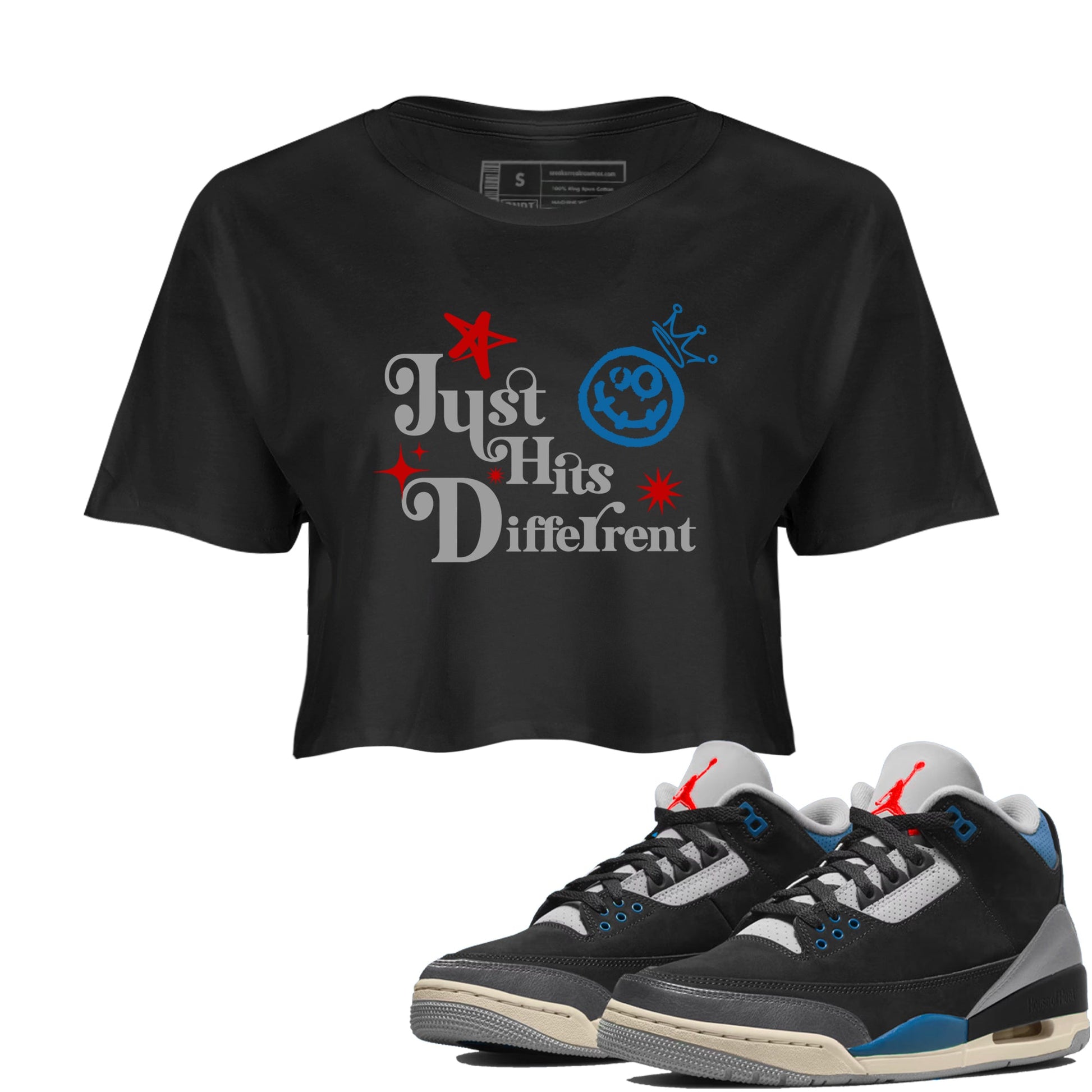Just Hits Different womens crop tee made to vibe with the Air Jordan 3 Rare Air sneakers — the perfect match in Black 1.
