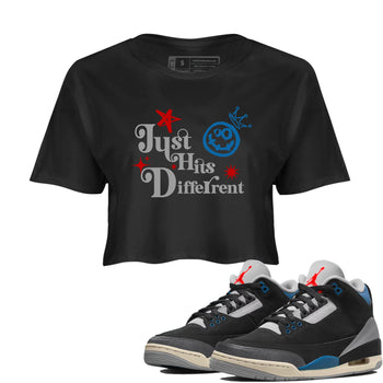 Just Hits Different womens crop tee made to vibe with the Air Jordan 3 Rare Air sneakers — the perfect match in Black 1.