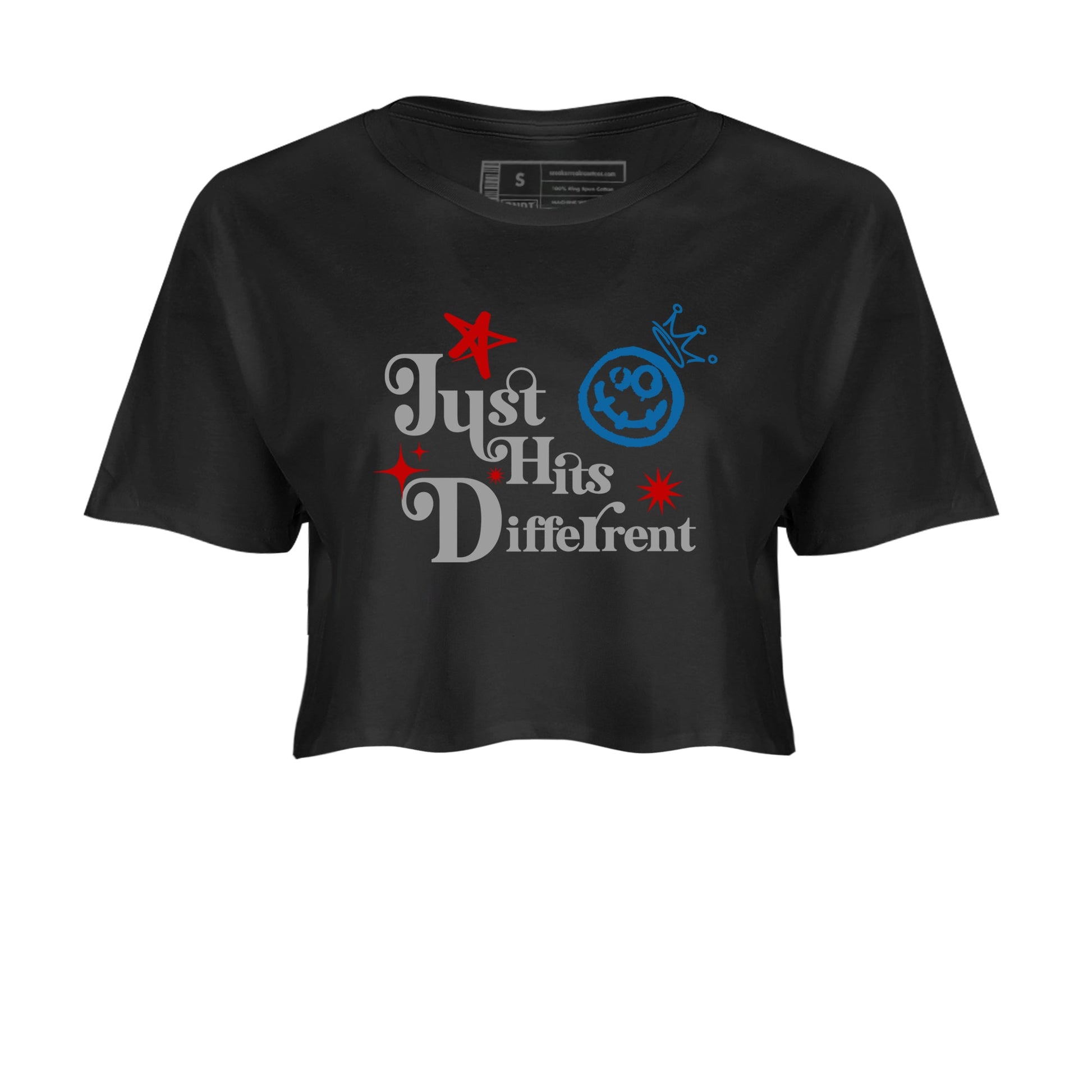 Just Hits Different womens crop tee made to vibe with the Air Jordan 3 Rare Air sneakers — the perfect match in Black 2.