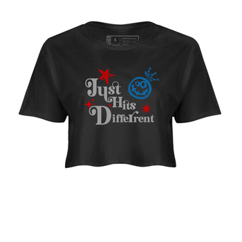 Just Hits Different womens crop tee made to vibe with the Air Jordan 3 Rare Air sneakers — the perfect match in Black 2.