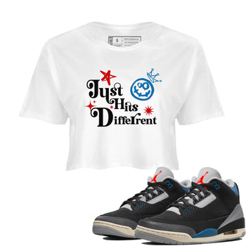 Just Hits Different womens crop tee made to vibe with the Air Jordan 3 Rare Air sneakers — the perfect match in White 1.