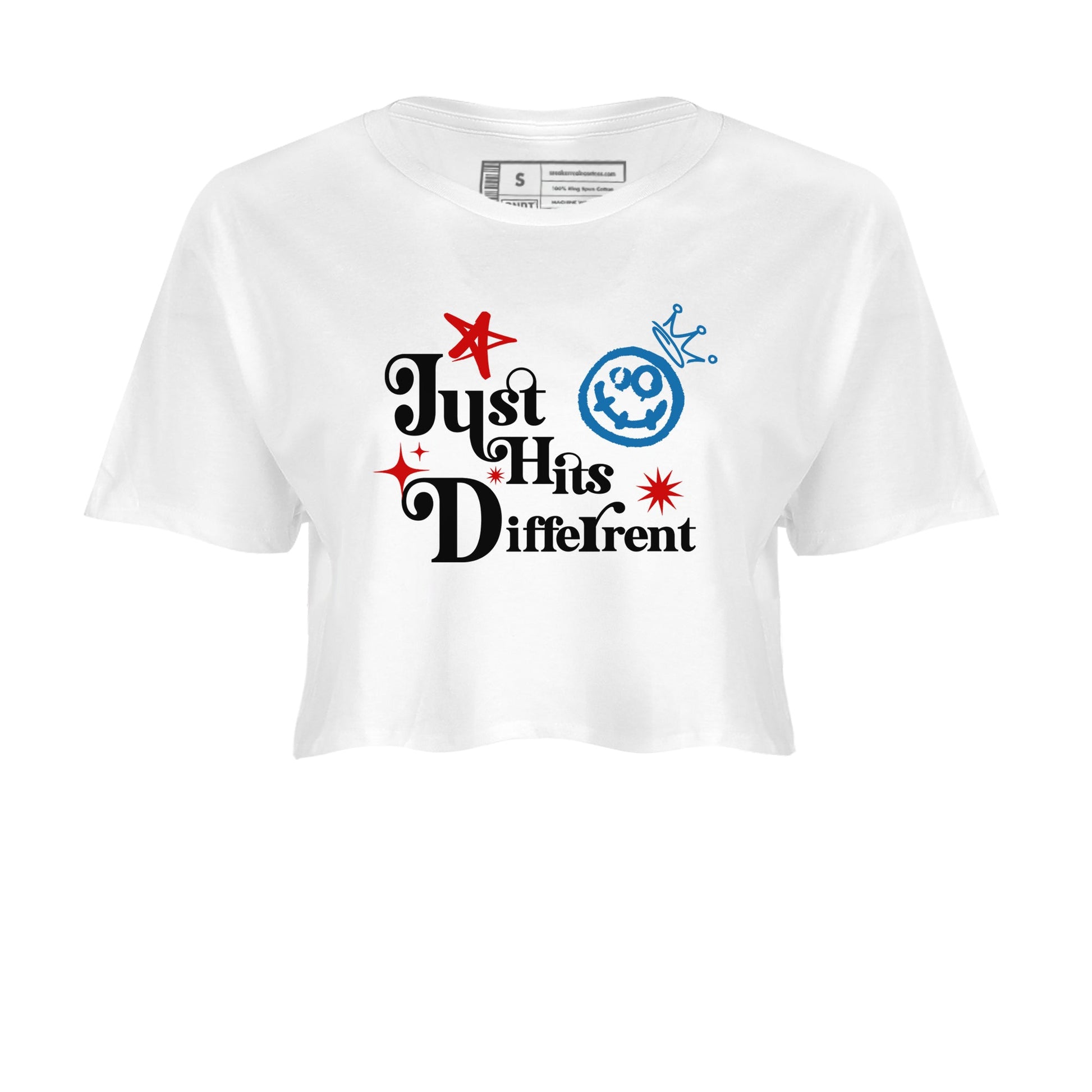 Just Hits Different womens crop tee made to vibe with the Air Jordan 3 Rare Air sneakers — the perfect match in White 2.
