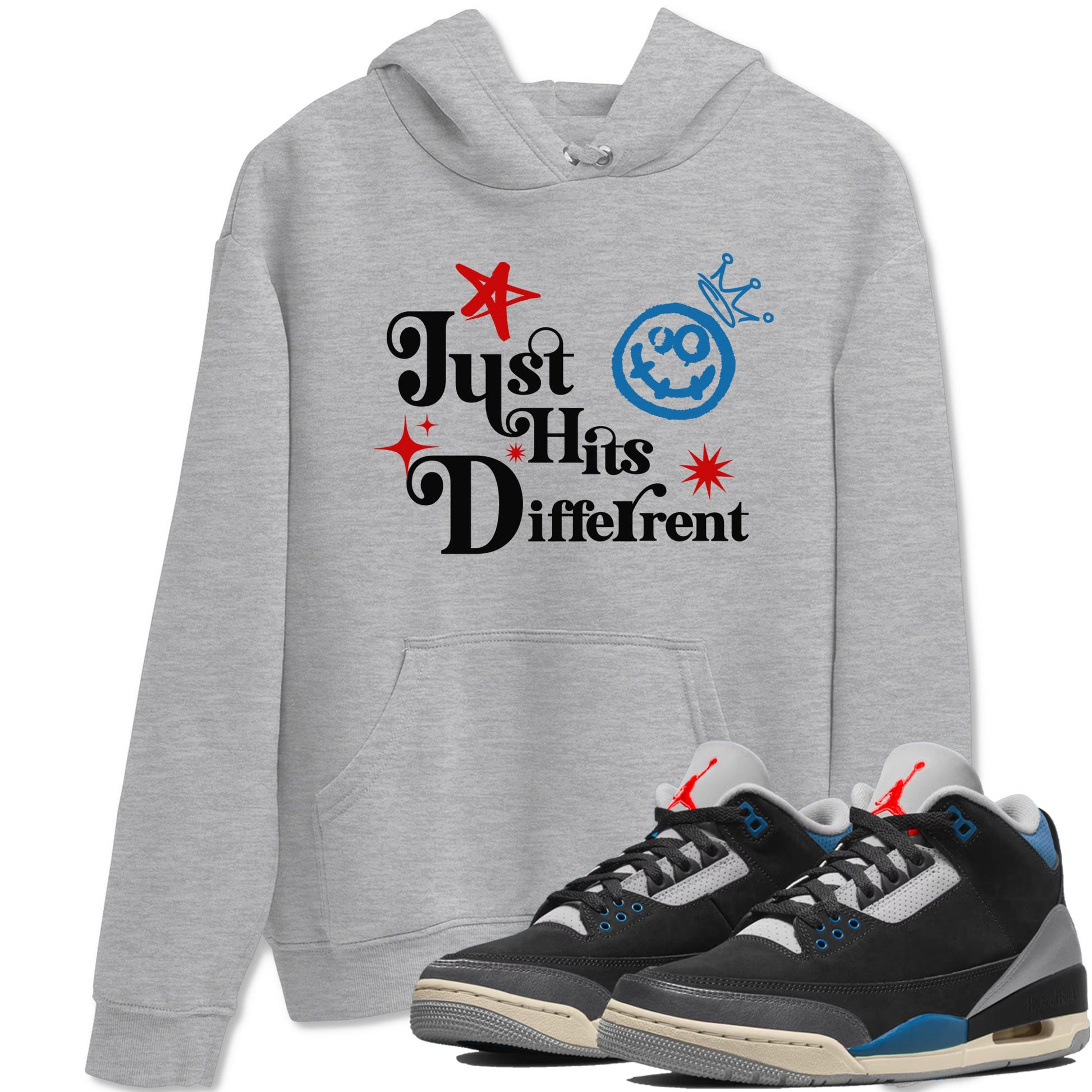 Just Hits Different sneaker match t-shirt styled to complete your fit with the Air Jordan 3 Rare Air sneakers, shown in Heather Grey 1.
