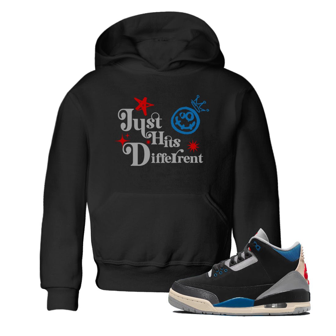 Just Hits Different baby and kids t-shirt crafted for little sneakerheads to shine with the Air Jordan 3 Rare Air sneakers, displayed in Black 1.