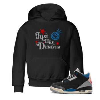 Just Hits Different baby and kids t-shirt crafted for little sneakerheads to shine with the Air Jordan 3 Rare Air sneakers, displayed in Black 1.