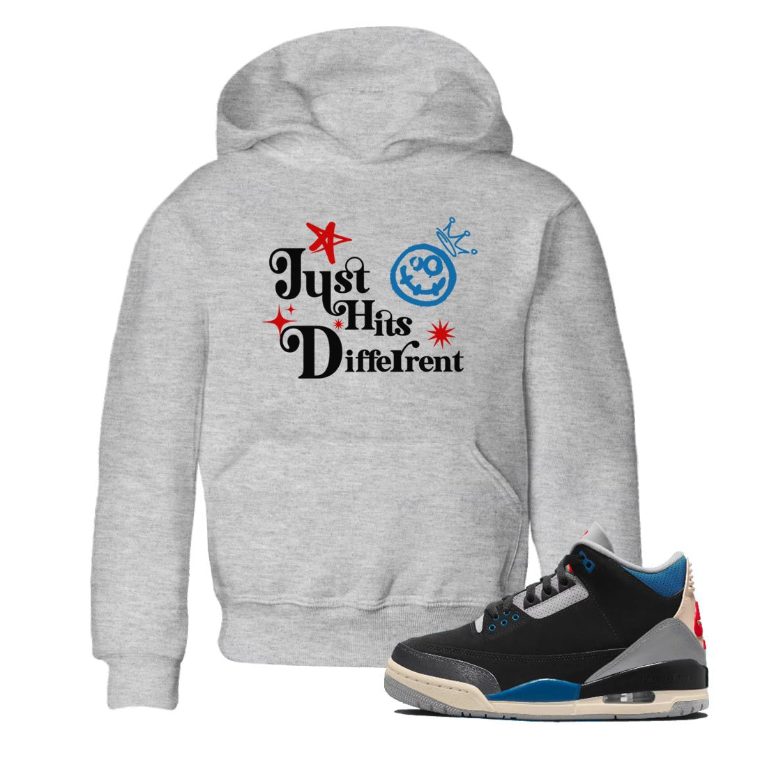 Just Hits Different baby and kids t-shirt crafted for little sneakerheads to shine with the Air Jordan 3 Rare Air sneakers, displayed in Heather Grey 1.