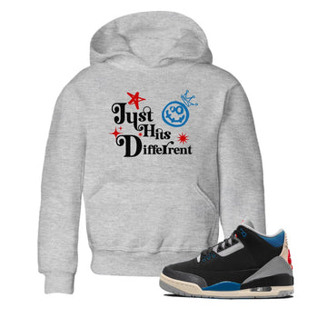 Just Hits Different baby and kids t-shirt crafted for little sneakerheads to shine with the Air Jordan 3 Rare Air sneakers, displayed in Heather Grey 1.