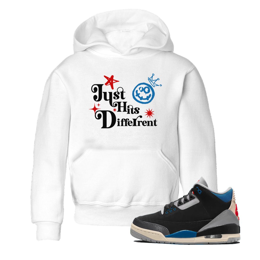 Just Hits Different baby and kids t-shirt crafted for little sneakerheads to shine with the Air Jordan 3 Rare Air sneakers, displayed in White 1.