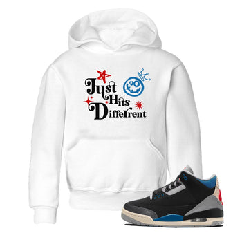 Just Hits Different baby and kids t-shirt crafted for little sneakerheads to shine with the Air Jordan 3 Rare Air sneakers, displayed in White 1.