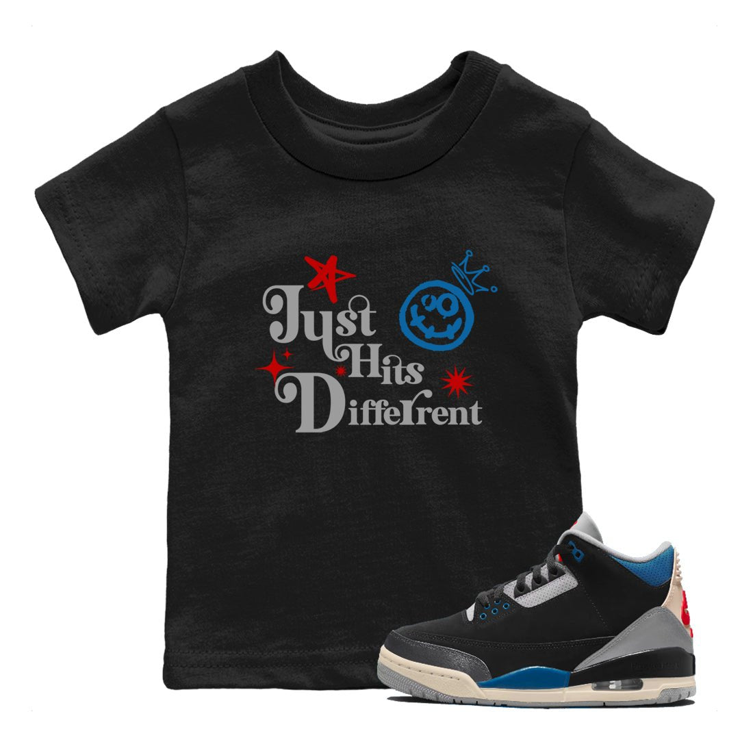Just Hits Different baby and kids t-shirt crafted for little sneakerheads to shine with the Air Jordan 3 Rare Air sneakers, displayed in Black 1.