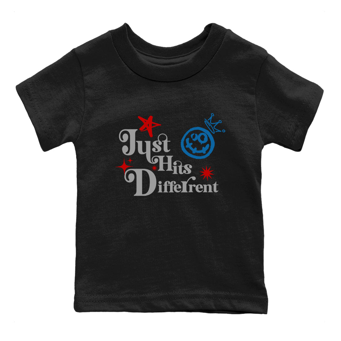 Just Hits Different baby and kids t-shirt crafted for little sneakerheads to shine with the Air Jordan 3 Rare Air sneakers, displayed in Black 2.