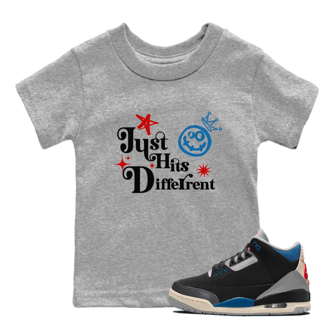 Just Hits Different baby and kids t-shirt crafted for little sneakerheads to shine with the Air Jordan 3 Rare Air sneakers, displayed in Heather Grey 1.