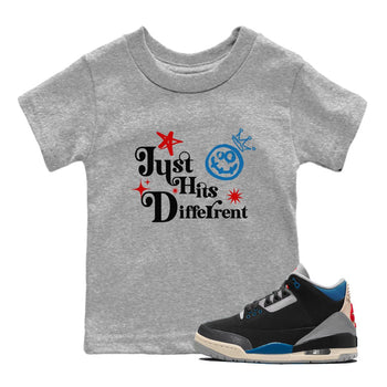 Just Hits Different baby and kids t-shirt crafted for little sneakerheads to shine with the Air Jordan 3 Rare Air sneakers, displayed in Heather Grey 1.