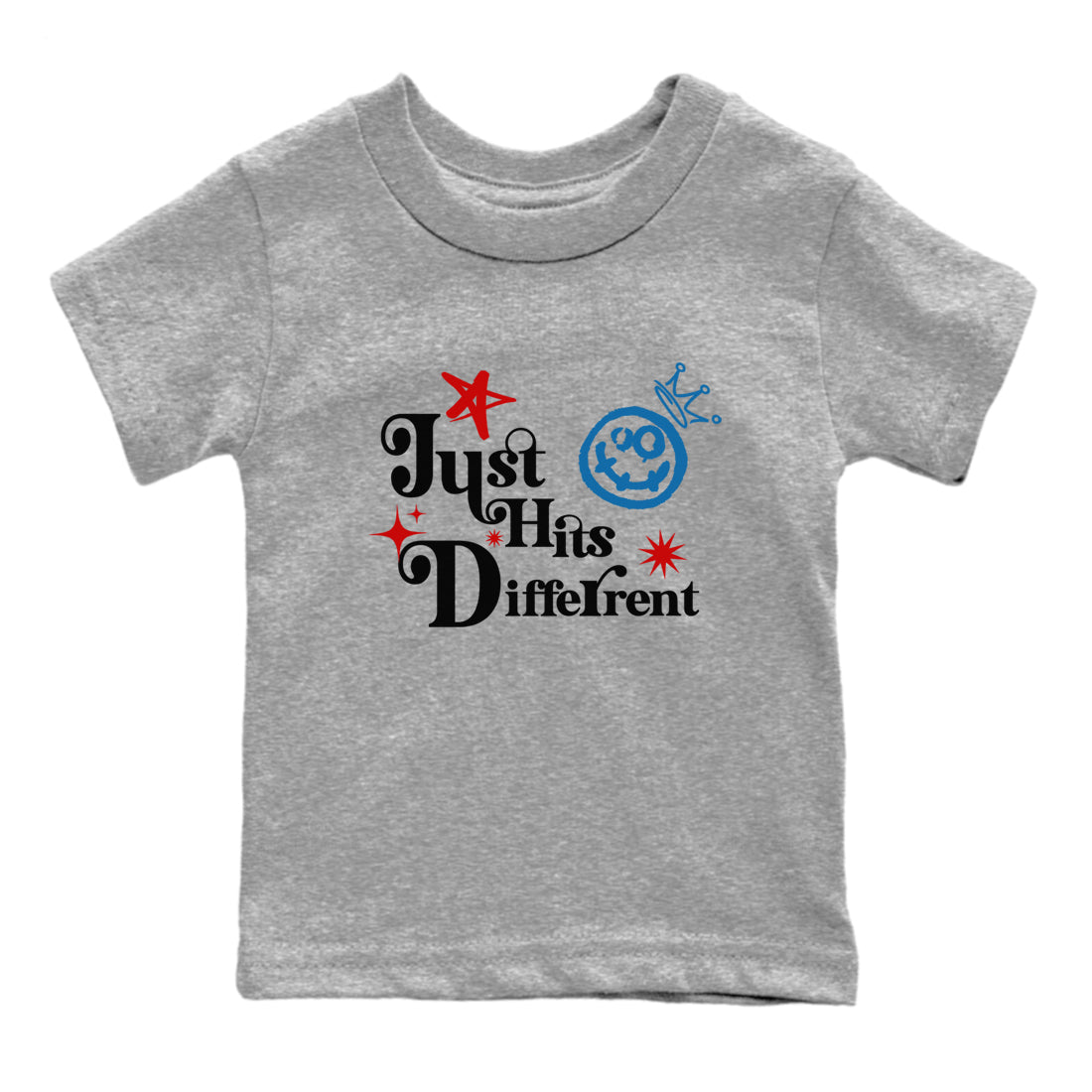 Just Hits Different baby and kids t-shirt crafted for little sneakerheads to shine with the Air Jordan 3 Rare Air sneakers, displayed in Heather Grey 2.
