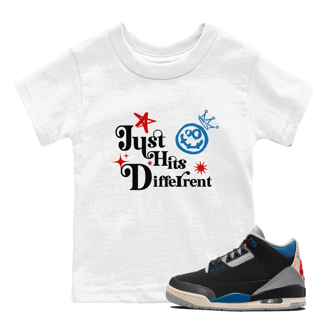 Just Hits Different baby and kids t-shirt crafted for little sneakerheads to shine with the Air Jordan 3 Rare Air sneakers, displayed in White 1.
