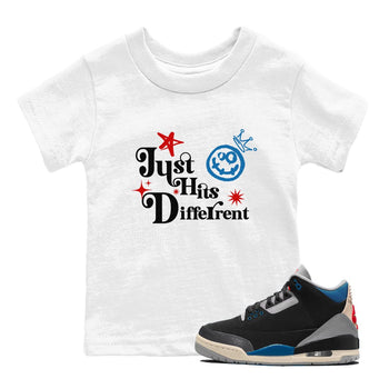 Just Hits Different baby and kids t-shirt crafted for little sneakerheads to shine with the Air Jordan 3 Rare Air sneakers, displayed in White 1.