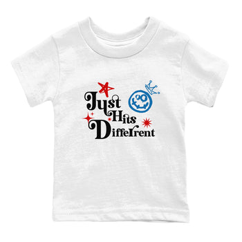 Just Hits Different baby and kids t-shirt crafted for little sneakerheads to shine with the Air Jordan 3 Rare Air sneakers, displayed in White 2.