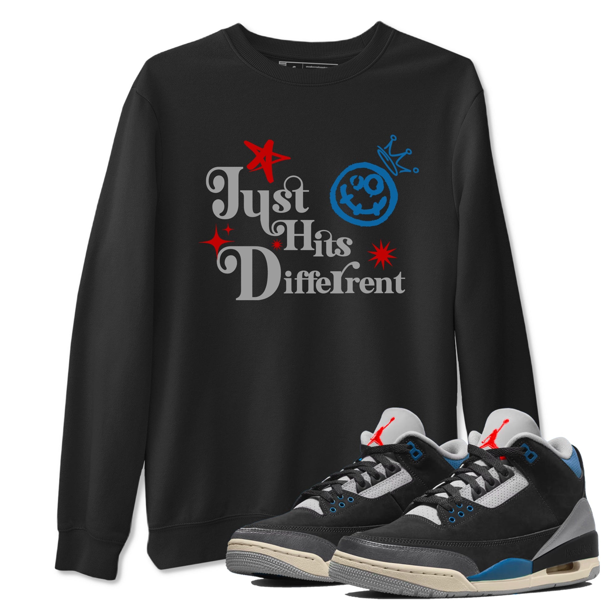 Just Hits Different sneaker match t-shirt styled to complete your fit with the Air Jordan 3 Rare Air sneakers, shown in Black 1.