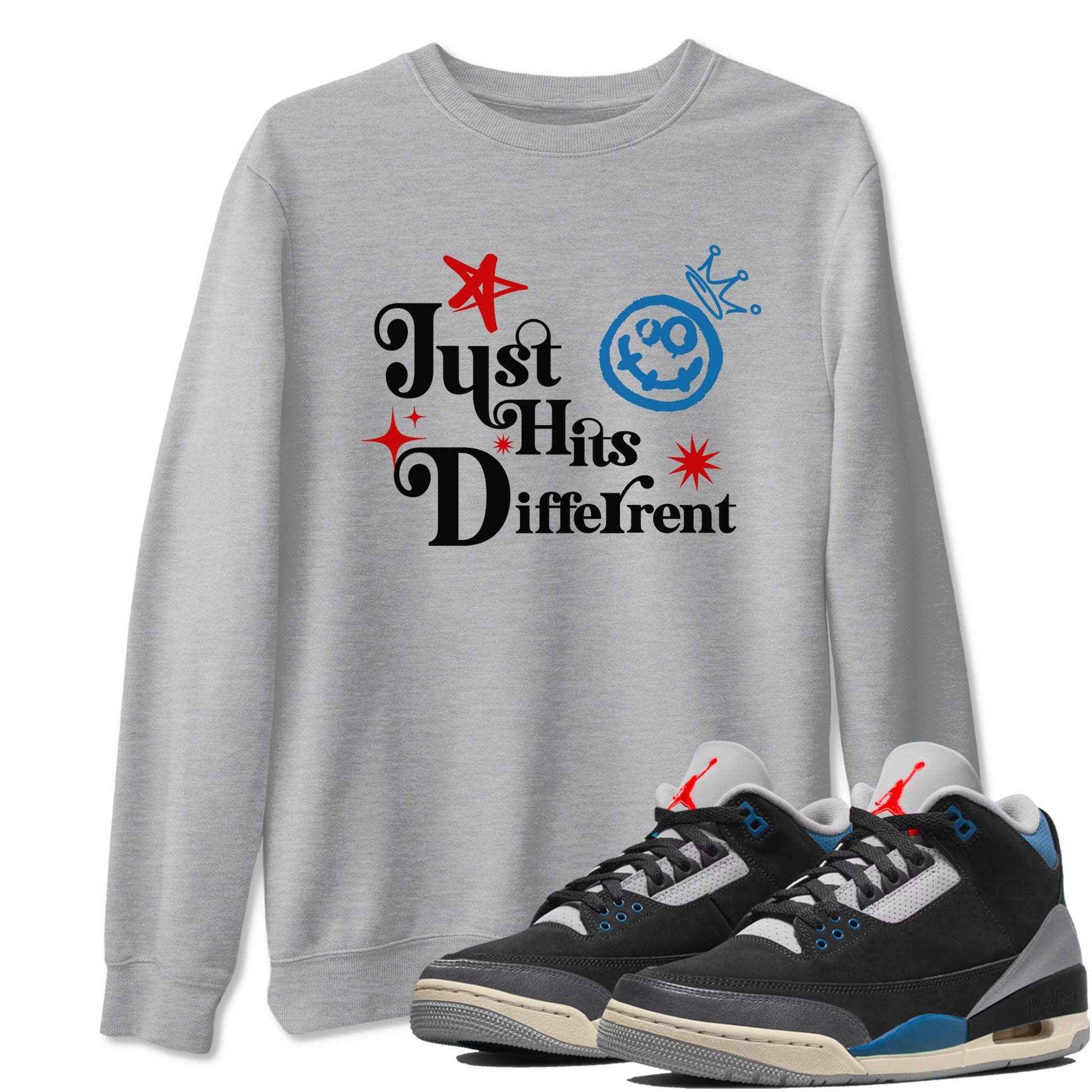 Just Hits Different sneaker match t-shirt styled to complete your fit with the Air Jordan 3 Rare Air sneakers, shown in Heather Grey 1.
