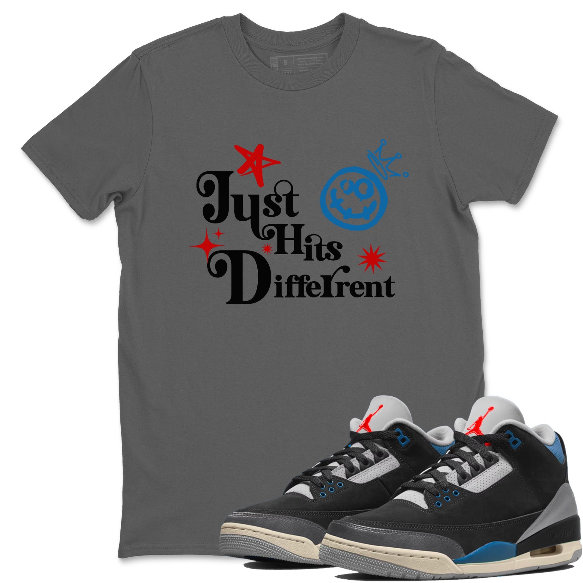 Just Hits Different sneaker match t-shirt styled to complete your fit with the Air Jordan 3 Rare Air sneakers, shown in Cool Grey 1.