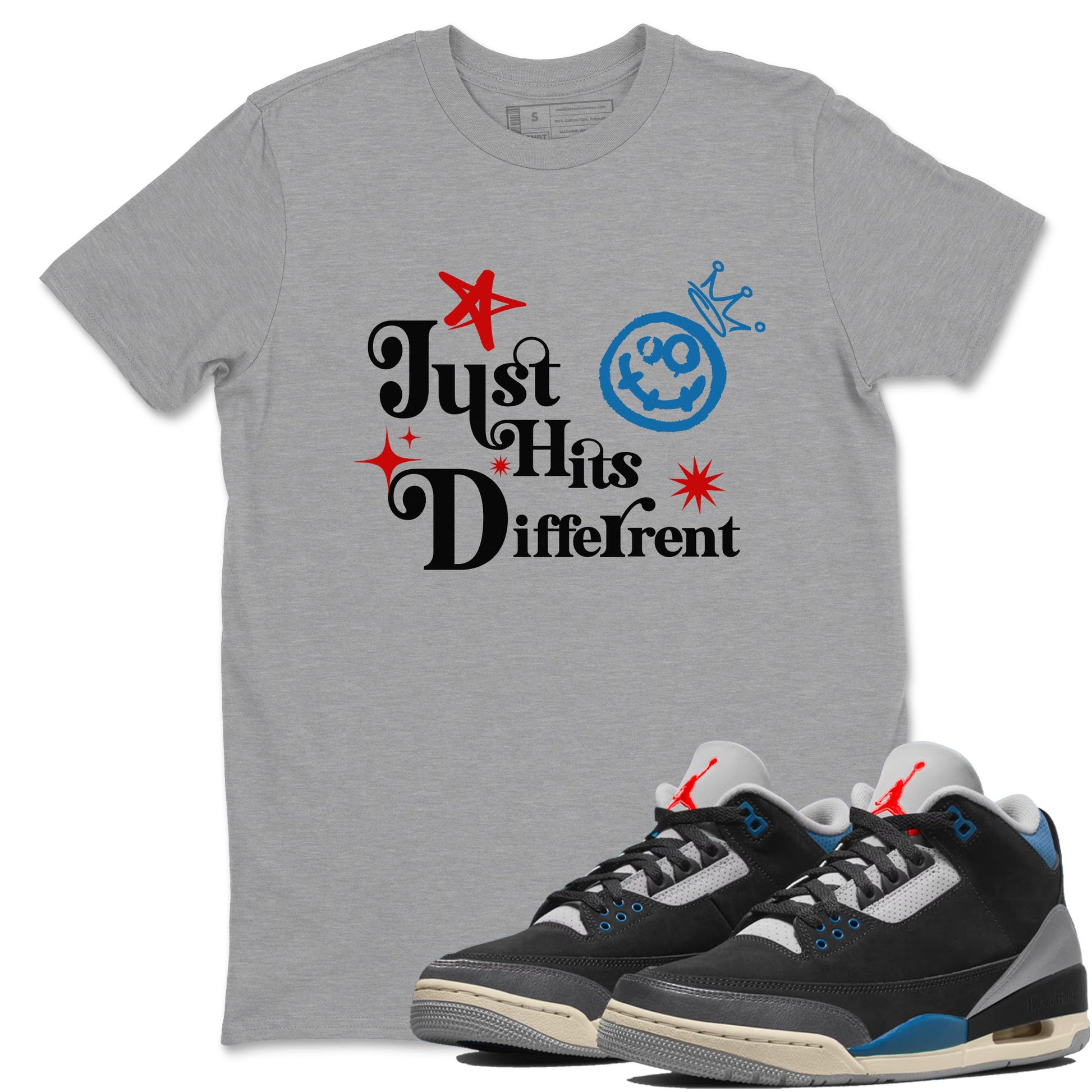 Just Hits Different sneaker match t-shirt styled to complete your fit with the Air Jordan 3 Rare Air sneakers, shown in Heather Grey 1.