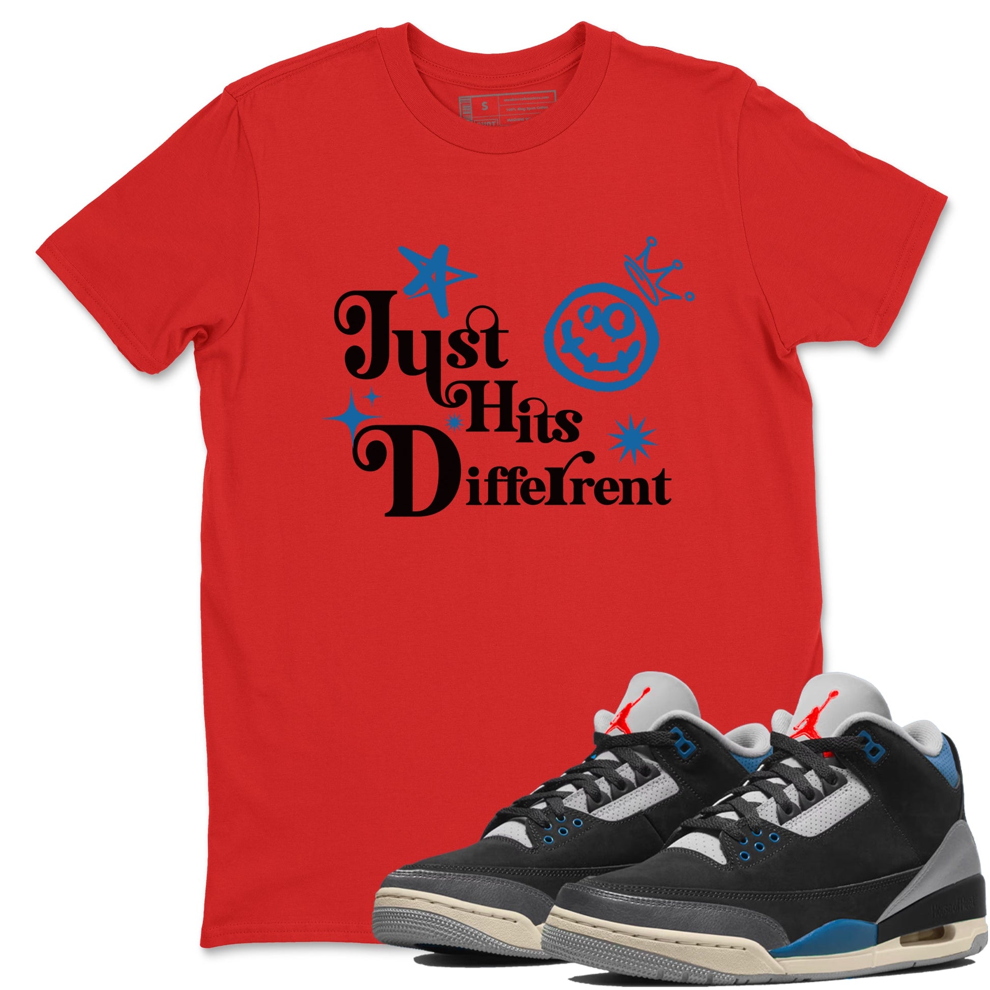 Just Hits Different sneaker match t-shirt styled to complete your fit with the Air Jordan 3 Rare Air sneakers, shown in Red 1.