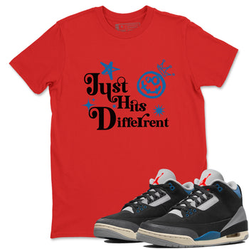 Just Hits Different sneaker match t-shirt styled to complete your fit with the Air Jordan 3 Rare Air sneakers, shown in Red 1.