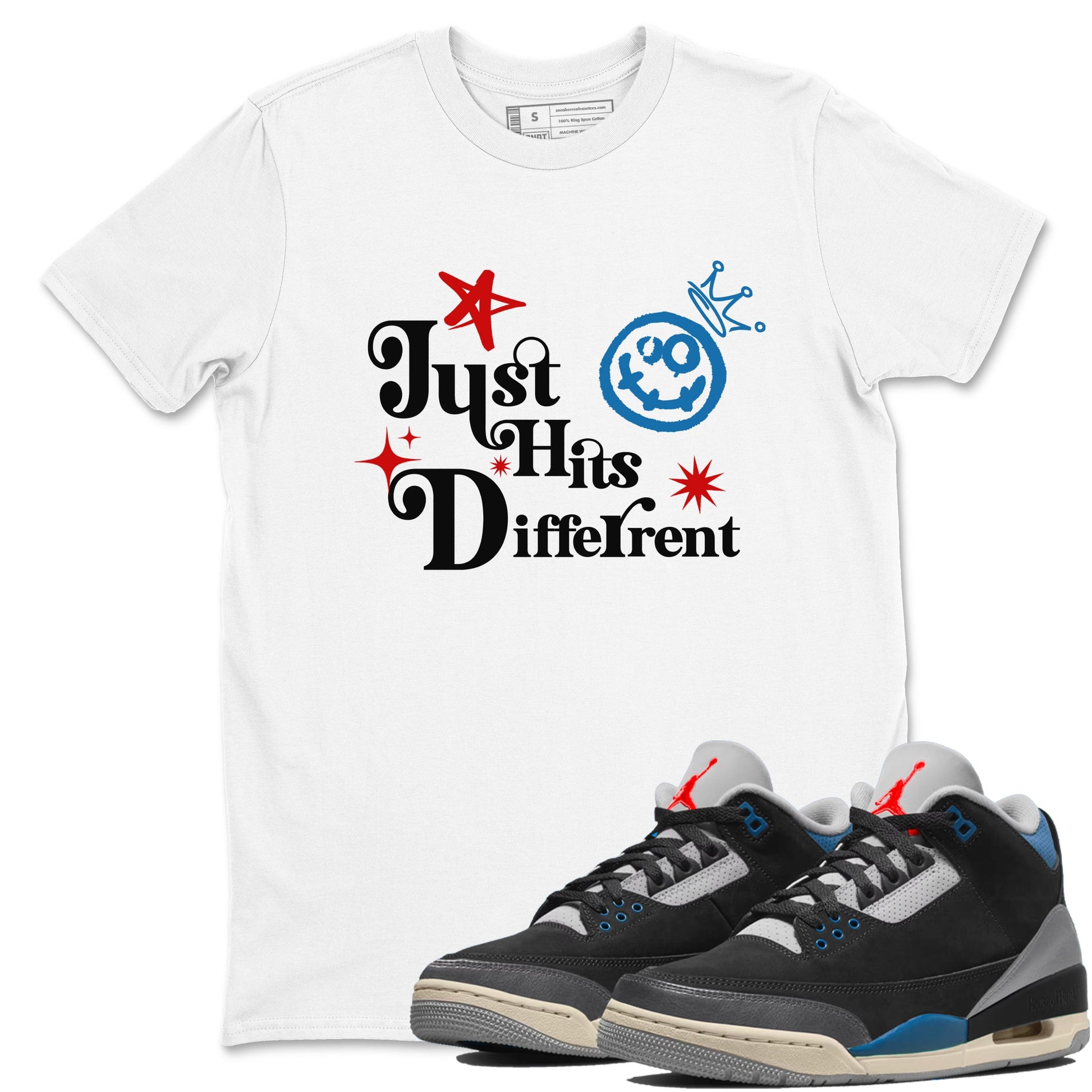 Just Hits Different sneaker match t-shirt styled to complete your fit with the Air Jordan 3 Rare Air sneakers, shown in White 1.