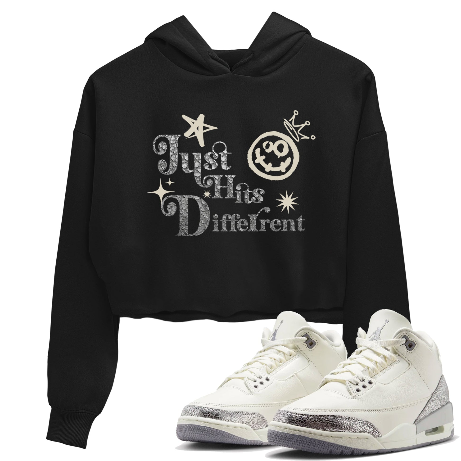 3s Sail and Cement Grey shirts to match jordans Just Hits Different sneaker match tees Air Jordan 3 Retro Sail and Cement Grey match shoes to clothes SNRT Sneaker Tees unisex cotton Black 1 crop tee