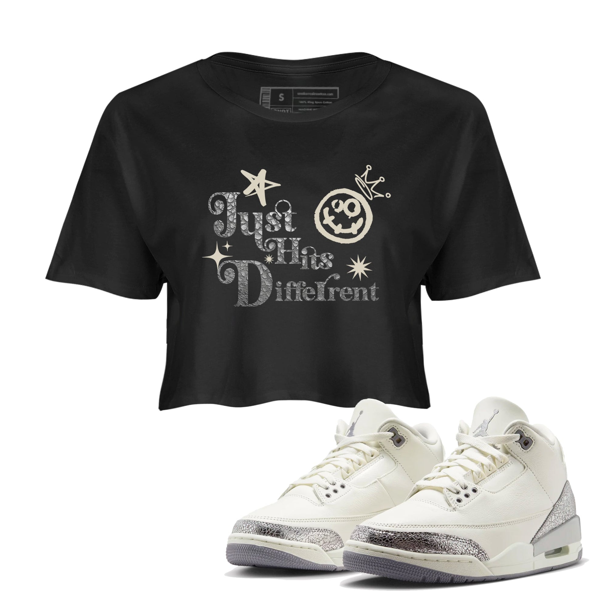 3s Sail and Cement Grey shirts to match jordans Just Hits Different sneaker match tees Air Jordan 3 Retro Sail and Cement Grey match shoes to clothes SNRT Sneaker Tees unisex cotton Black 1 crop tee