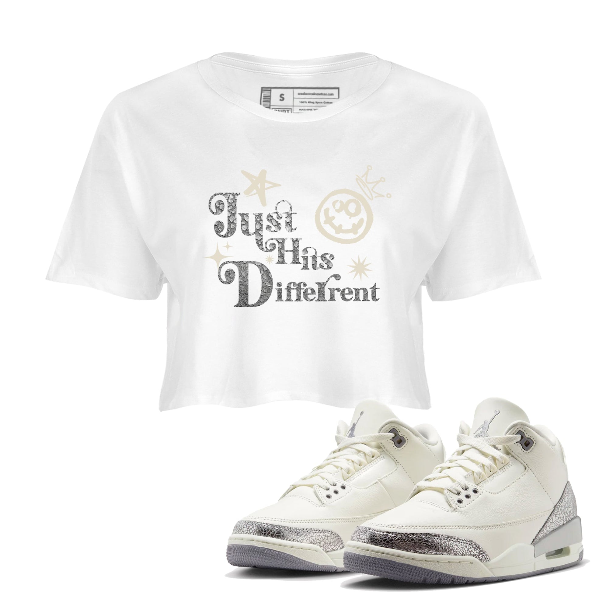 3s Sail and Cement Grey shirts to match jordans Just Hits Different sneaker match tees Air Jordan 3 Retro Sail and Cement Grey match shoes to clothes SNRT Sneaker Tees unisex cotton White 1 crop tee