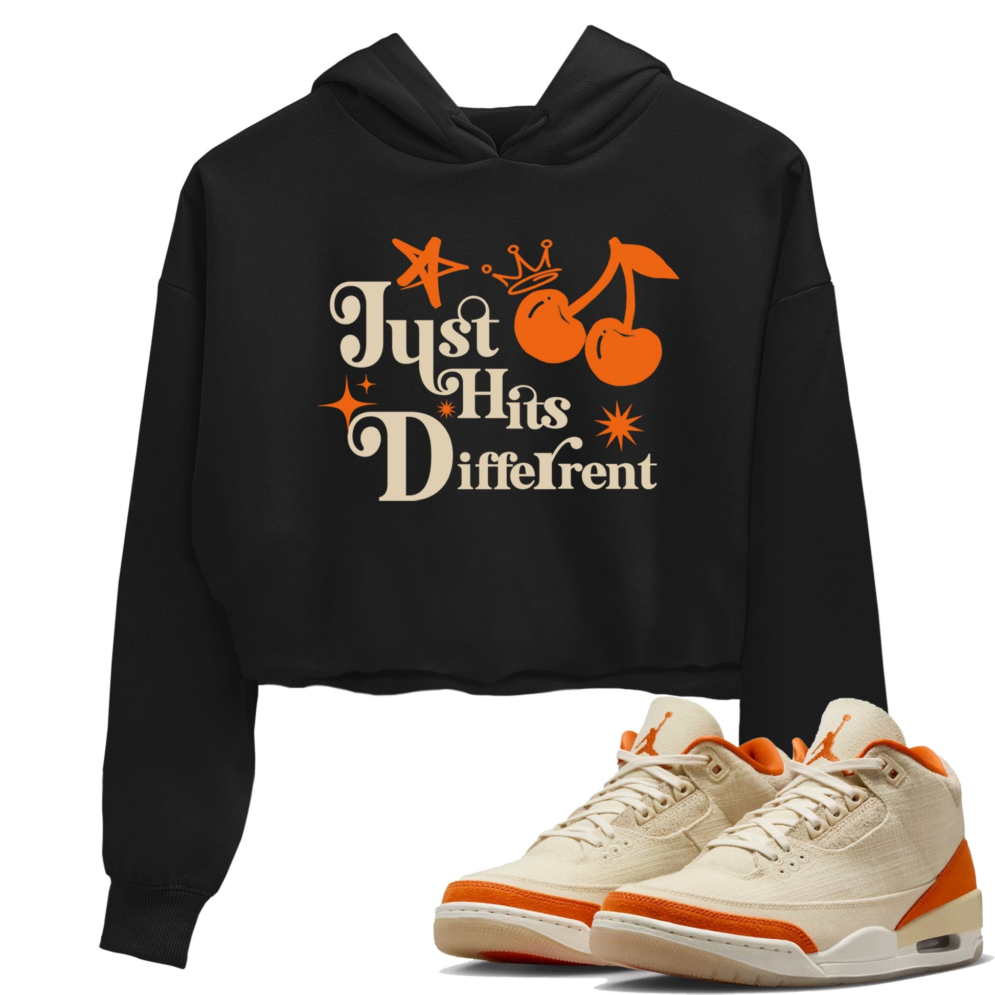 Just Hits Different womens crop tee made to vibe with the Air Jordan 3 Starfish sneakers — the perfect match in Black 1.