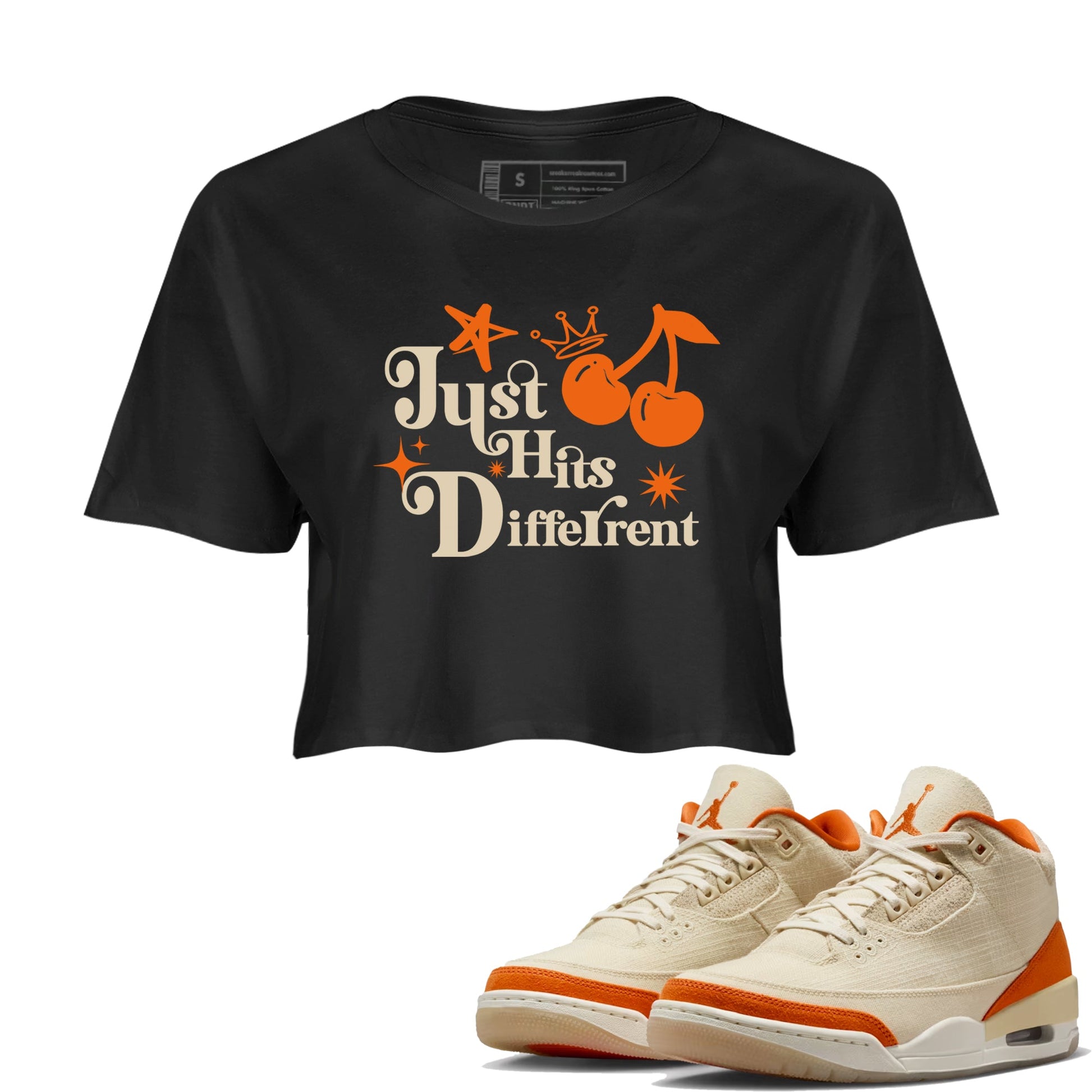 Just Hits Different womens crop tee made to vibe with the Air Jordan 3 Starfish sneakers — the perfect match in Black 1.