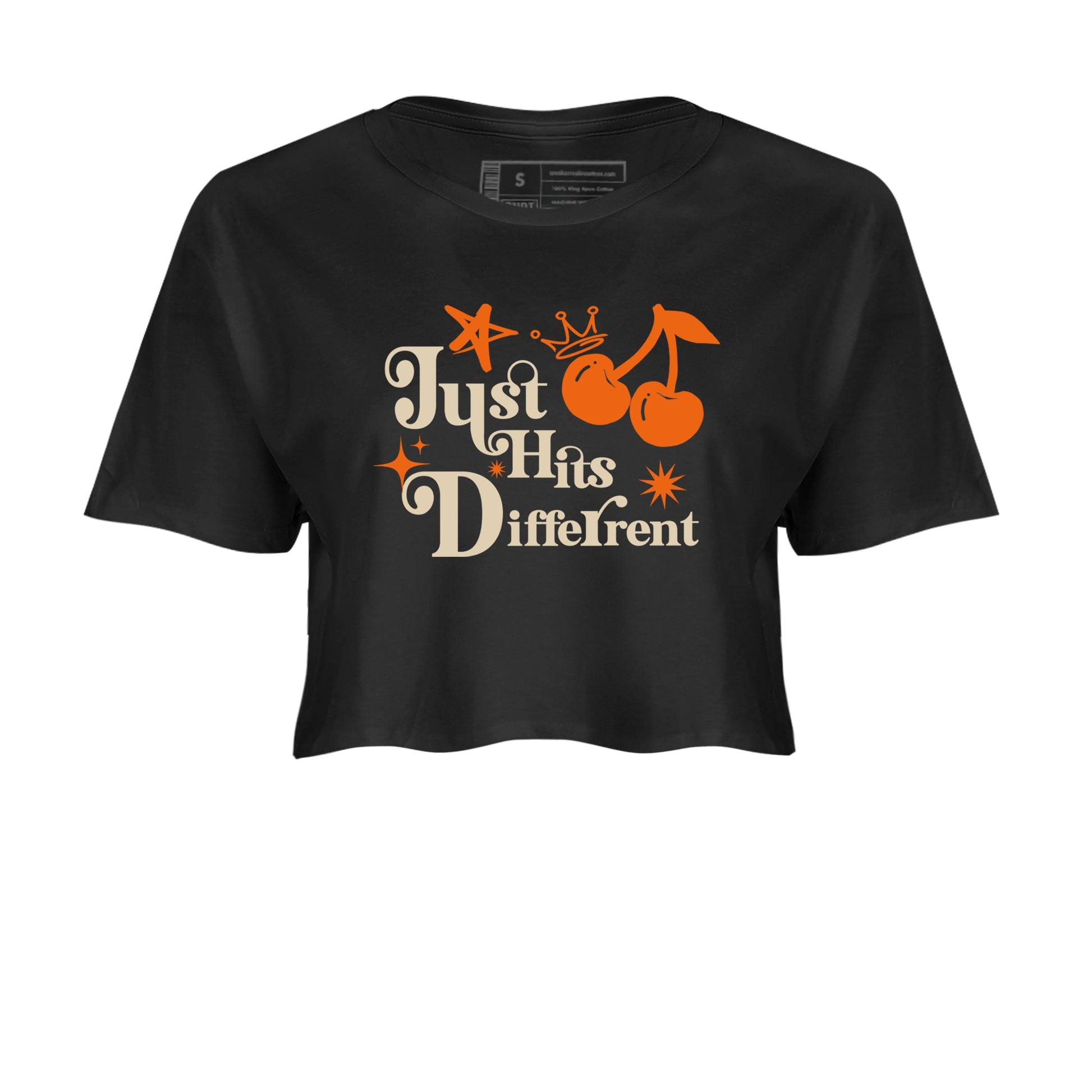 Just Hits Different womens crop tee made to vibe with the Air Jordan 3 Starfish sneakers — the perfect match in Black 2.