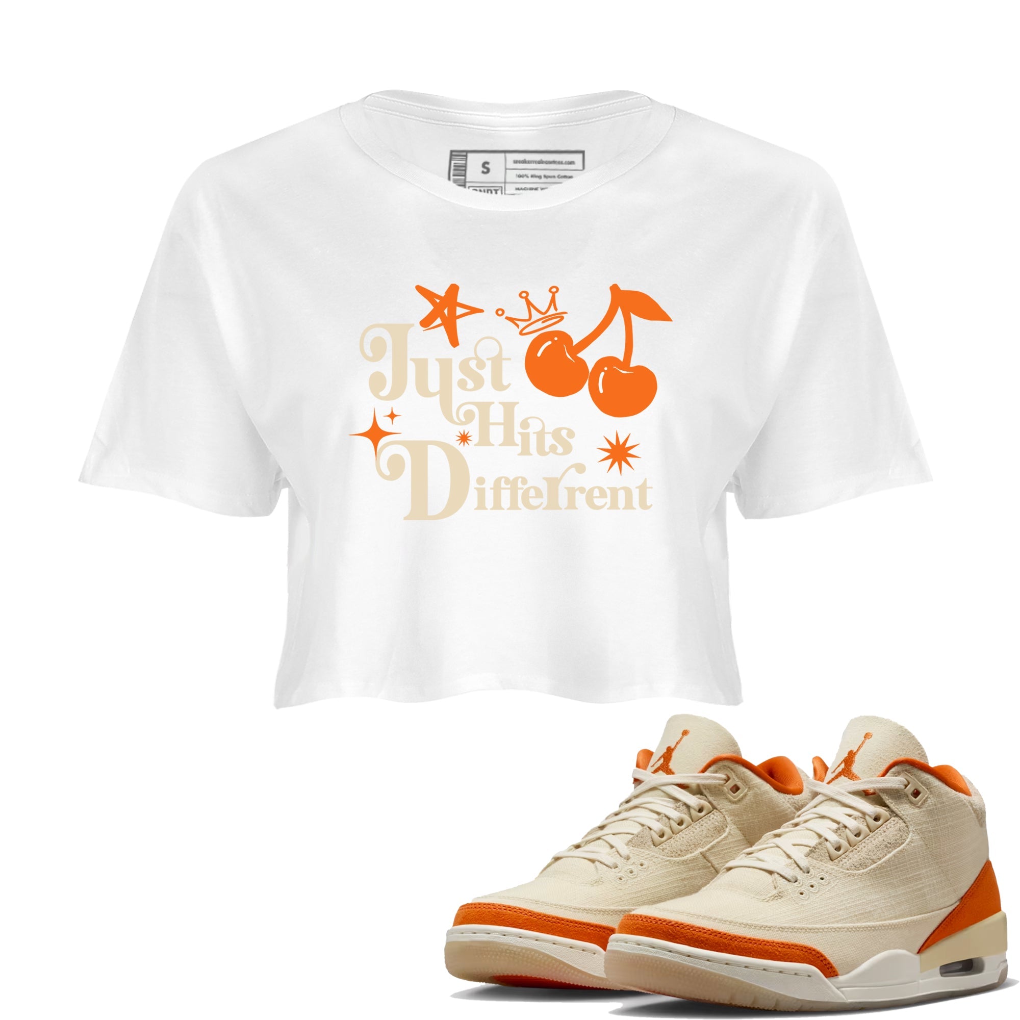 Just Hits Different womens crop tee made to vibe with the Air Jordan 3 Starfish sneakers — the perfect match in White 1.