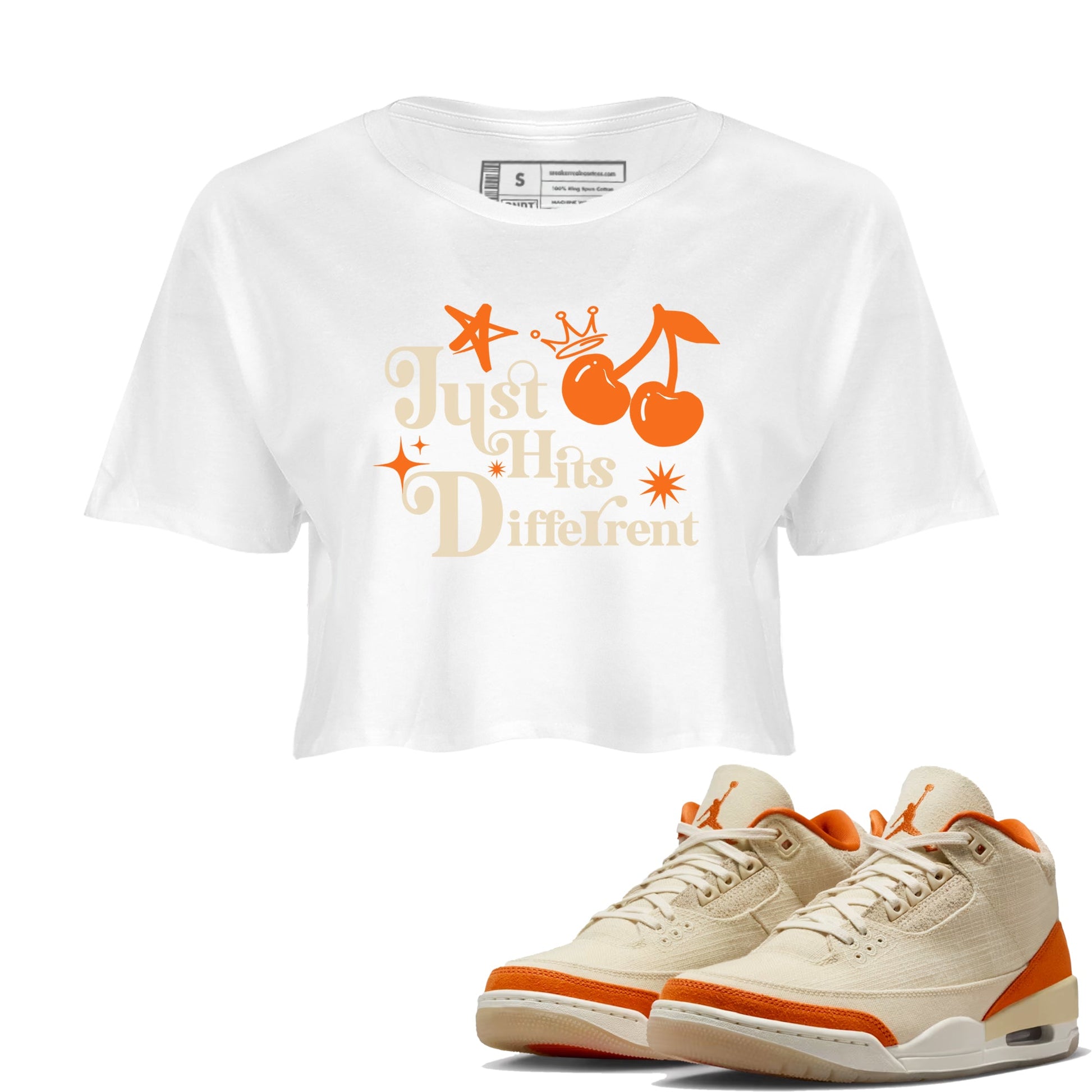 Just Hits Different womens crop tee made to vibe with the Air Jordan 3 Starfish sneakers — the perfect match in White 1.