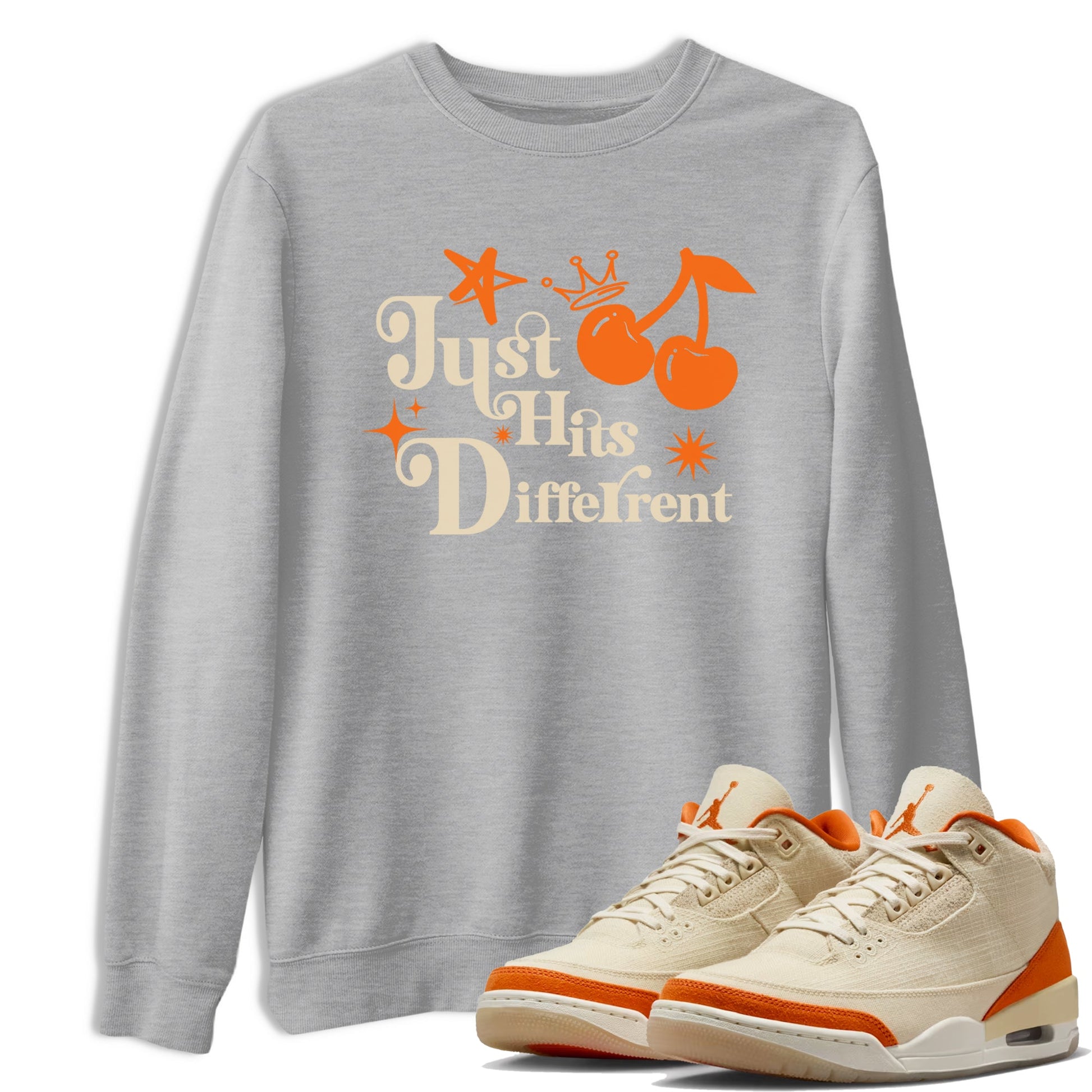 Just Hits Different sneaker match t-shirt styled to complete your fit with the Air Jordan 3 Starfish sneakers, shown in Heather Grey 1.