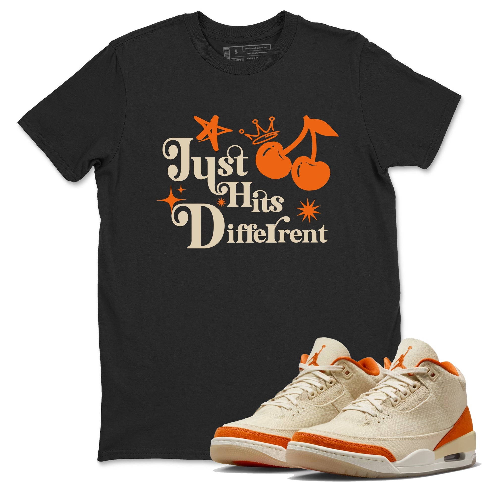 Just Hits Different sneaker match t-shirt styled to complete your fit with the Air Jordan 3 Starfish sneakers, shown in Black 1.