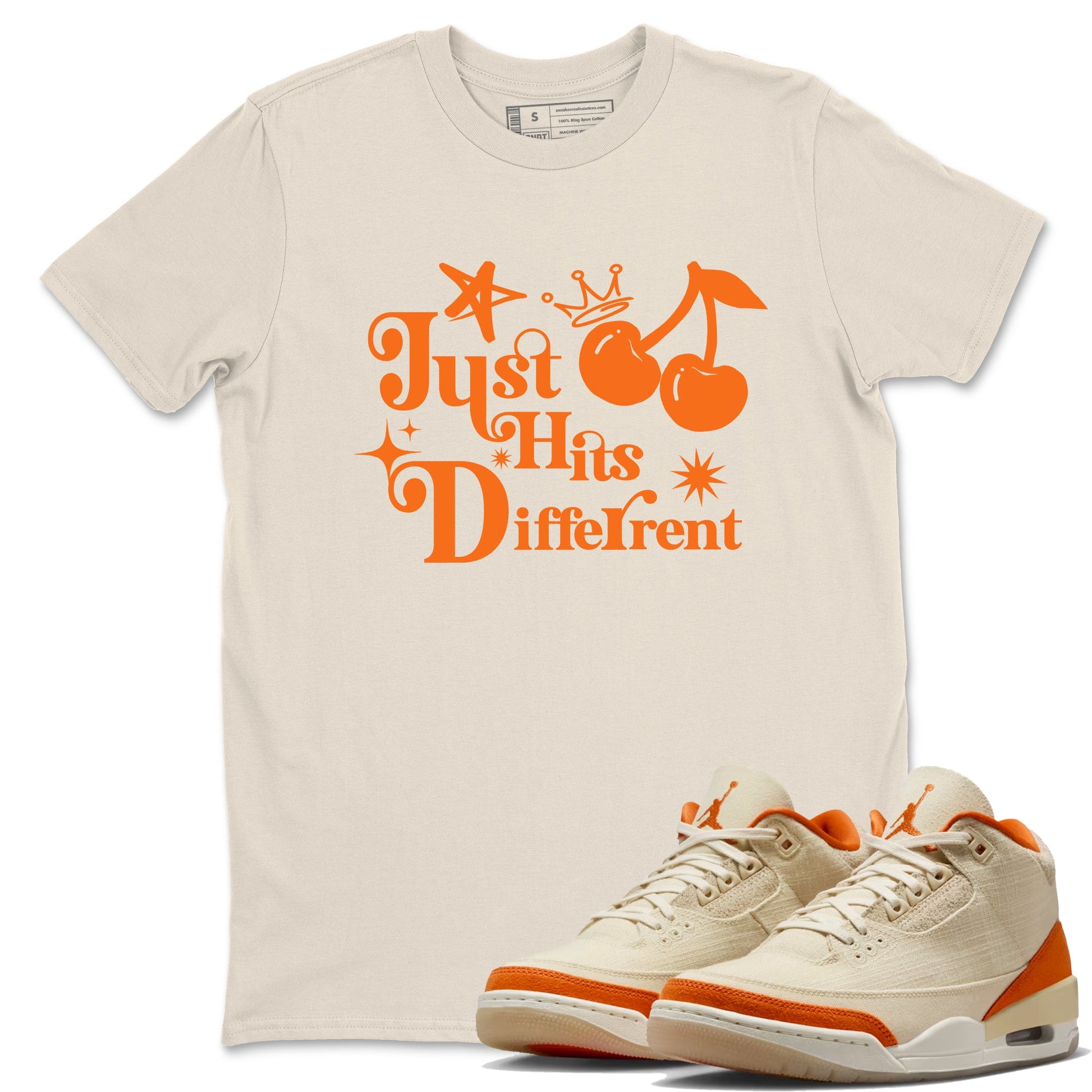 Just Hits Different sneaker match t-shirt styled to complete your fit with the Air Jordan 3 Starfish sneakers, shown in Natural 1.